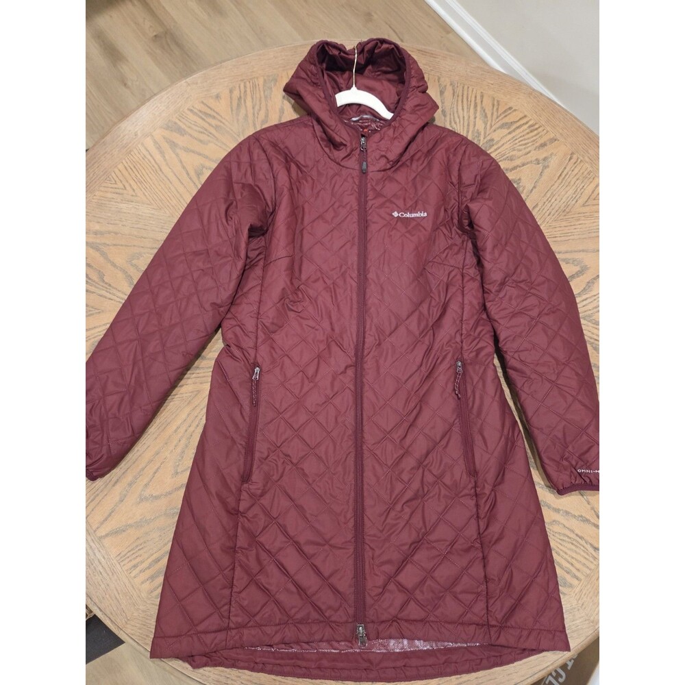Columbia Heavenly Long Hooded Jacket Women's L Burgundy Omni Heat Quilted Coat